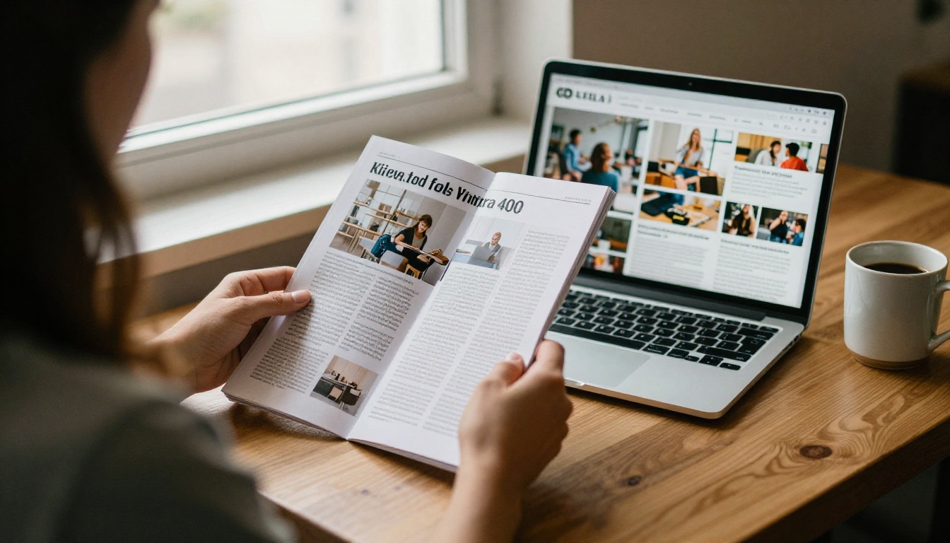 Business owner uploading a PDF magazine in a cafe