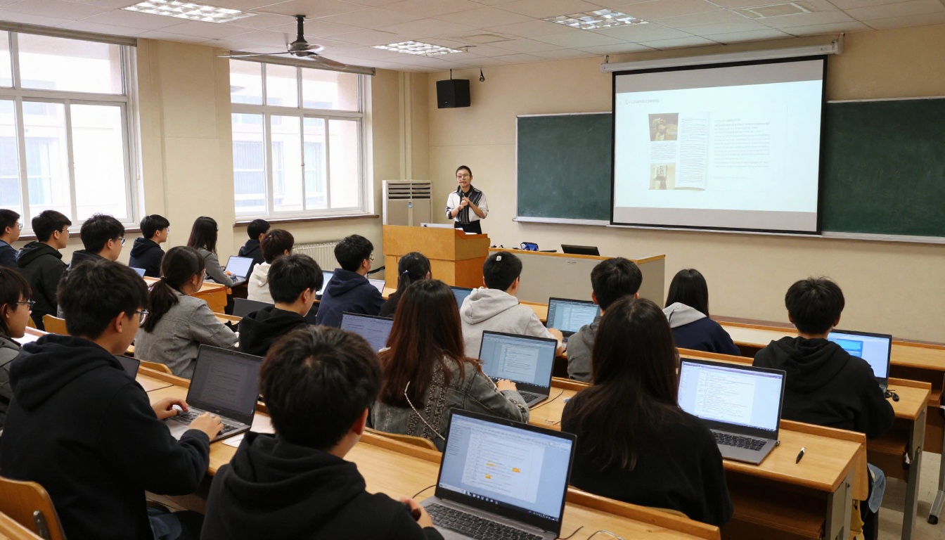 Lecture hall with students on laptops and an instructor beside a projector screen Lecture hall with students on laptops and an instructor beside a projector screen