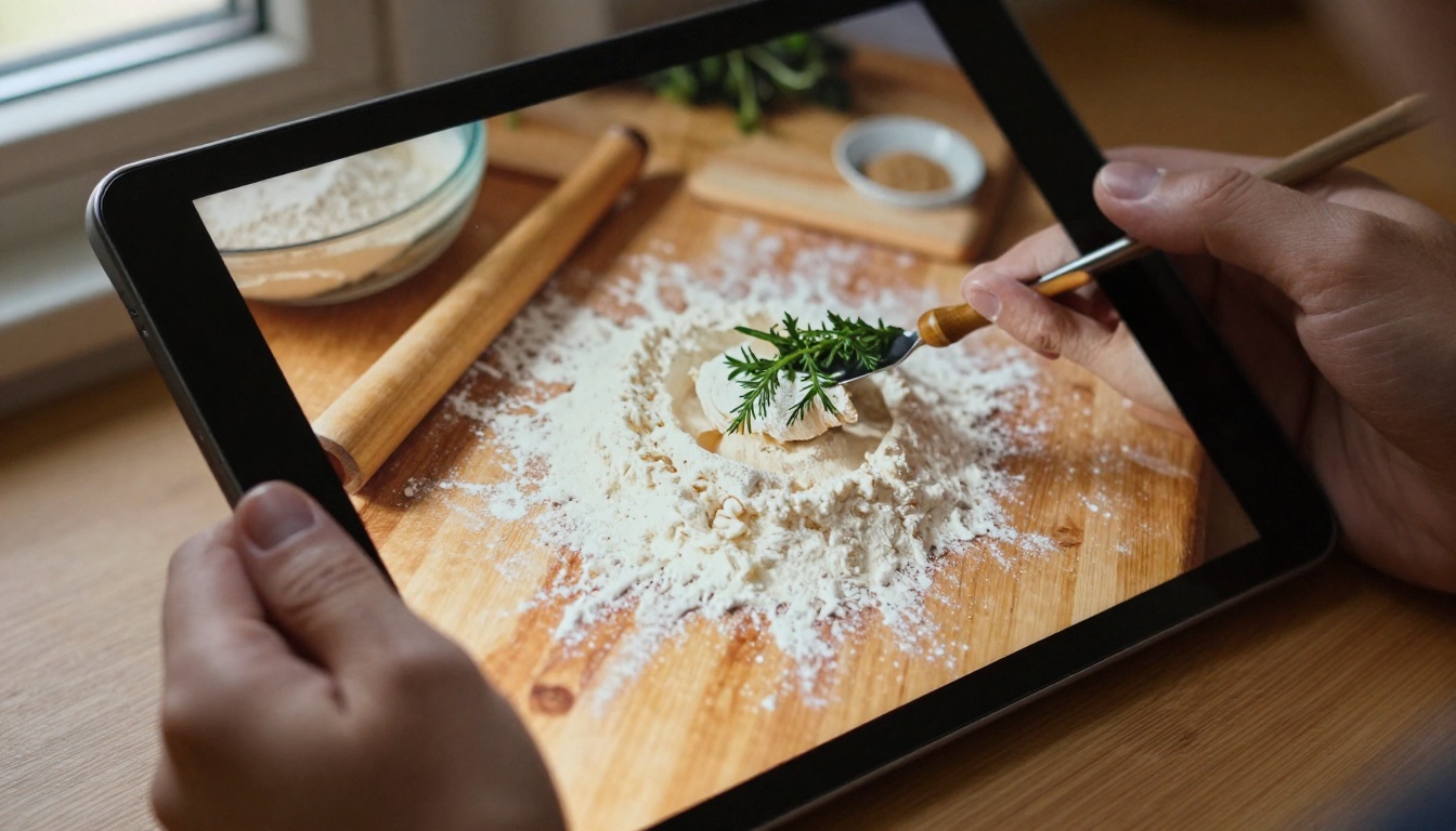 Hands holding a tablet showing an illustrated recipe ebook on a flour dusted counter Hands holding a tablet showing an illustrated recipe ebook on a flour dusted counter