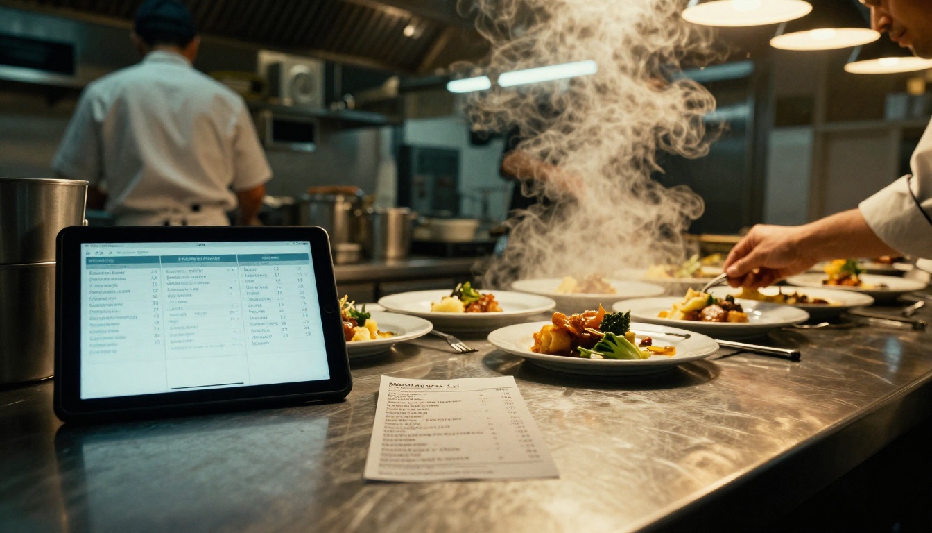 Kitchen pass with order tickets and a tablet while a chef plates a dish Kitchen pass with order tickets and a tablet while a chef plates a dish
