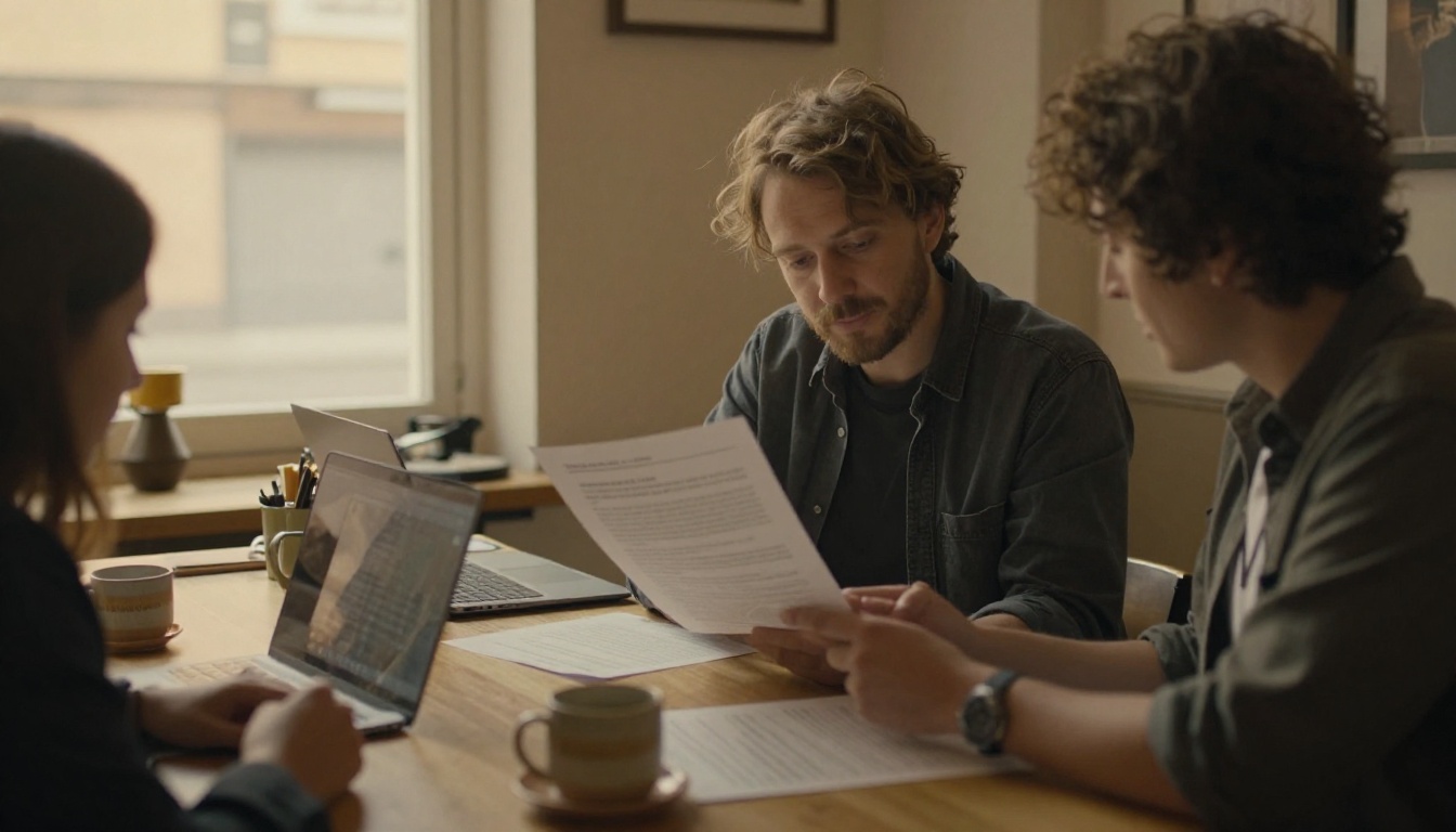 Two people reviewing a printed proof copy over coffee Two people reviewing a printed proof copy over coffee