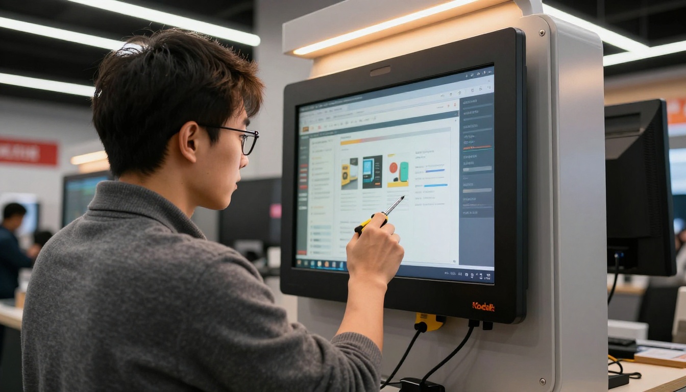 IT technician installing a wall-mounted touchscreen kiosk in a showroom IT technician installing a wall-mounted touchscreen kiosk in a showroom