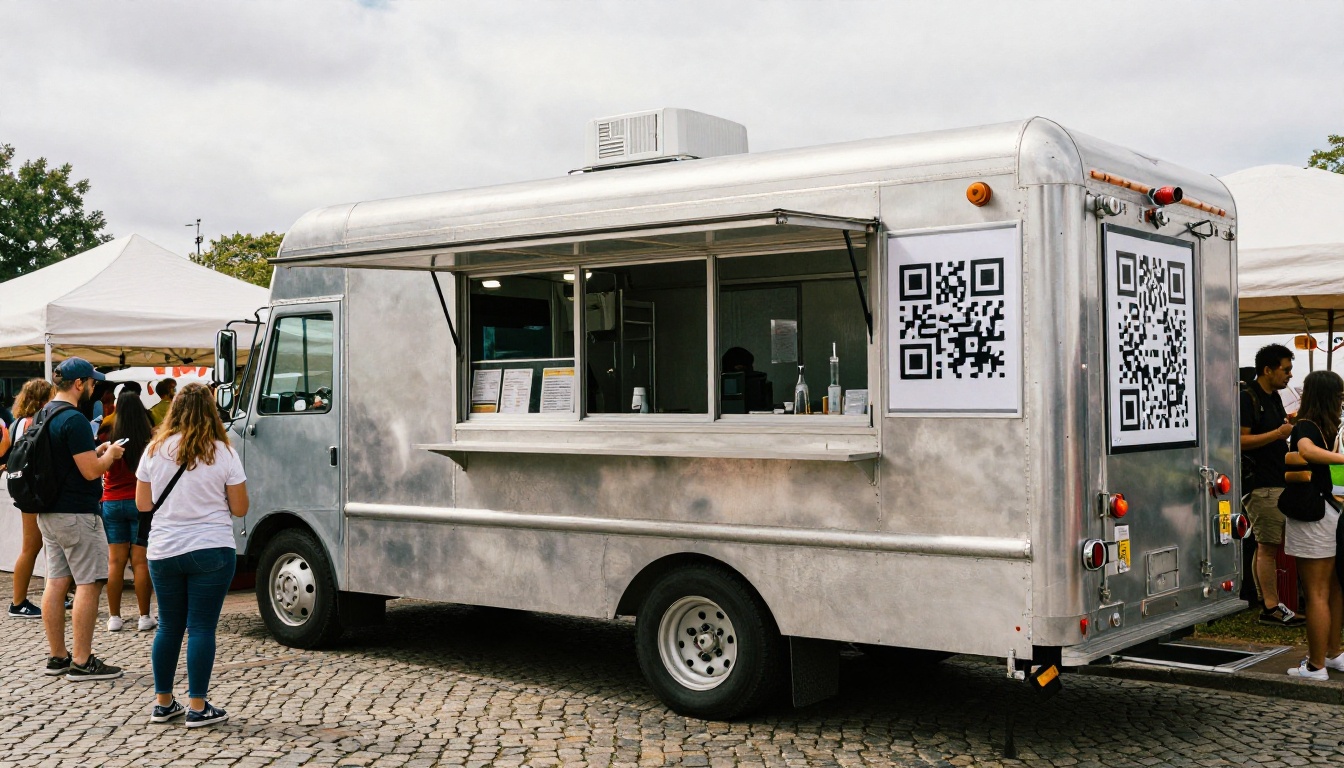 Food truck with a QR code sign on its serving window at a street market Food truck with a QR code sign on its serving window at a street market