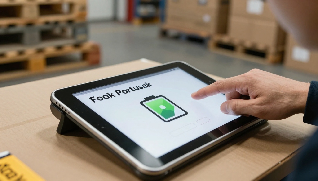 Tablet with a catalog on a warehouse loading dock next to boxes