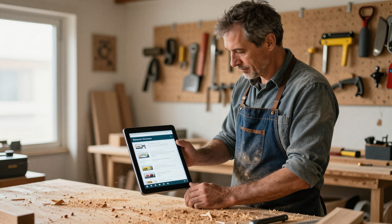 Workshop owner holding a tablet displaying a product catalog ebook Workshop owner holding a tablet displaying a product catalog ebook