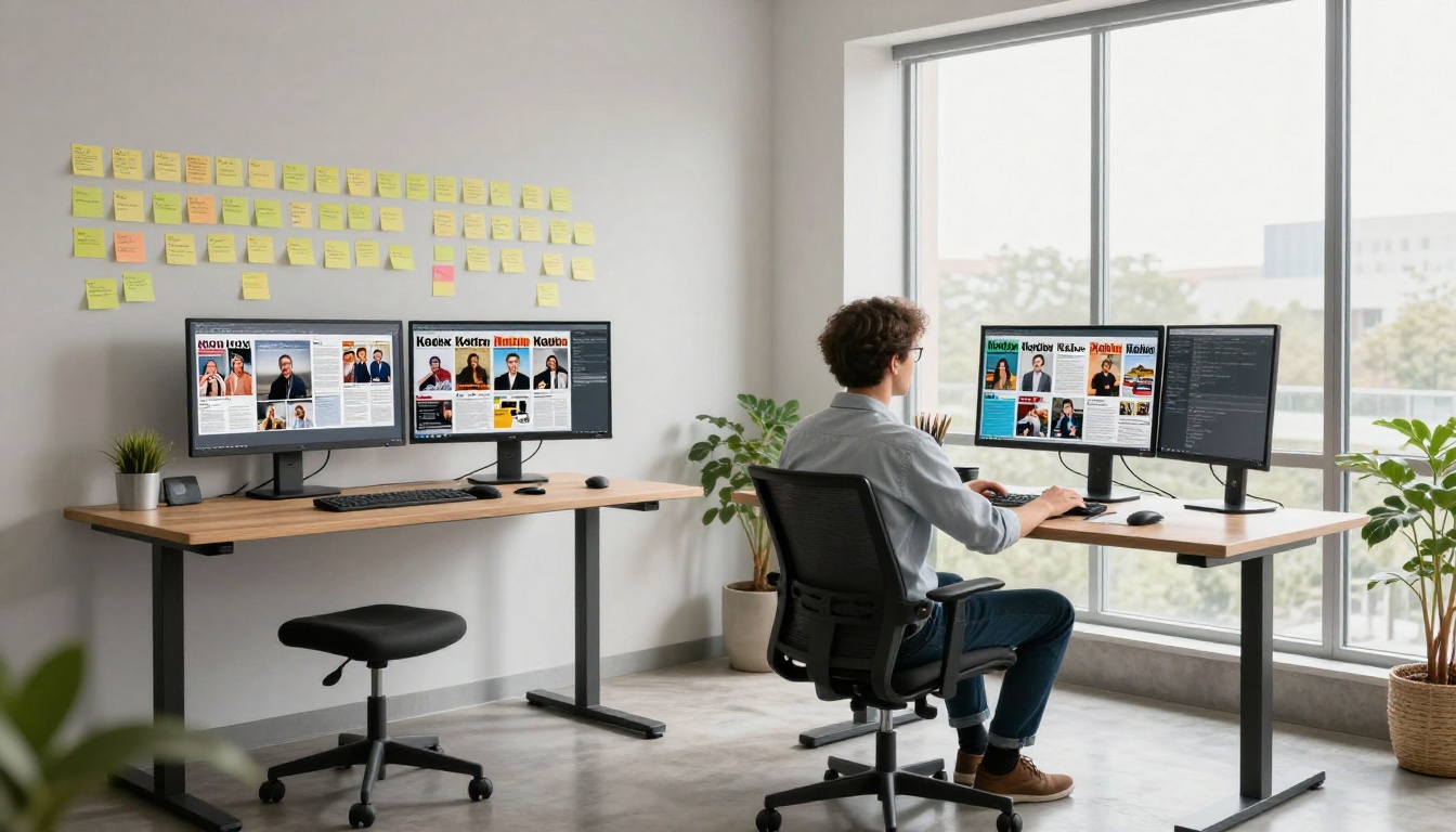 Two colleagues comparing magazine layouts on monitors