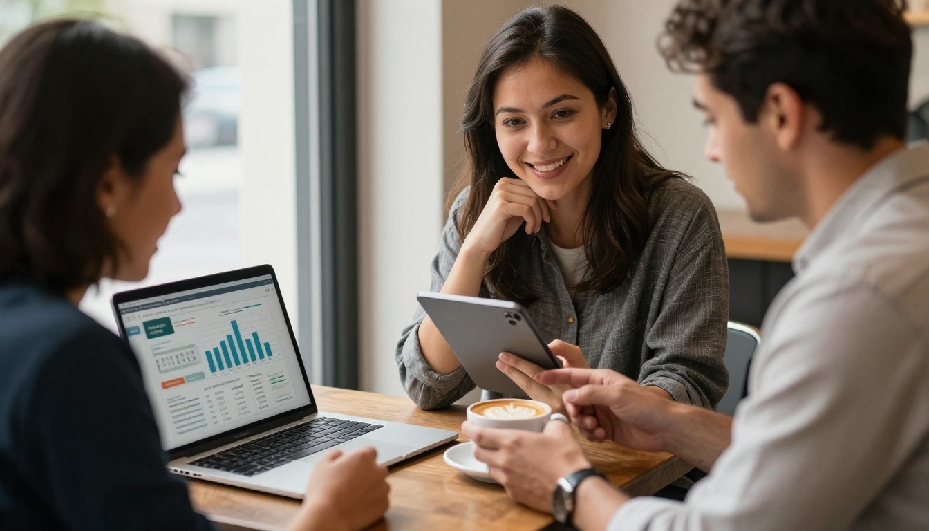 Two sales colleagues at a cafe table reviewing results on a tablet and laptop