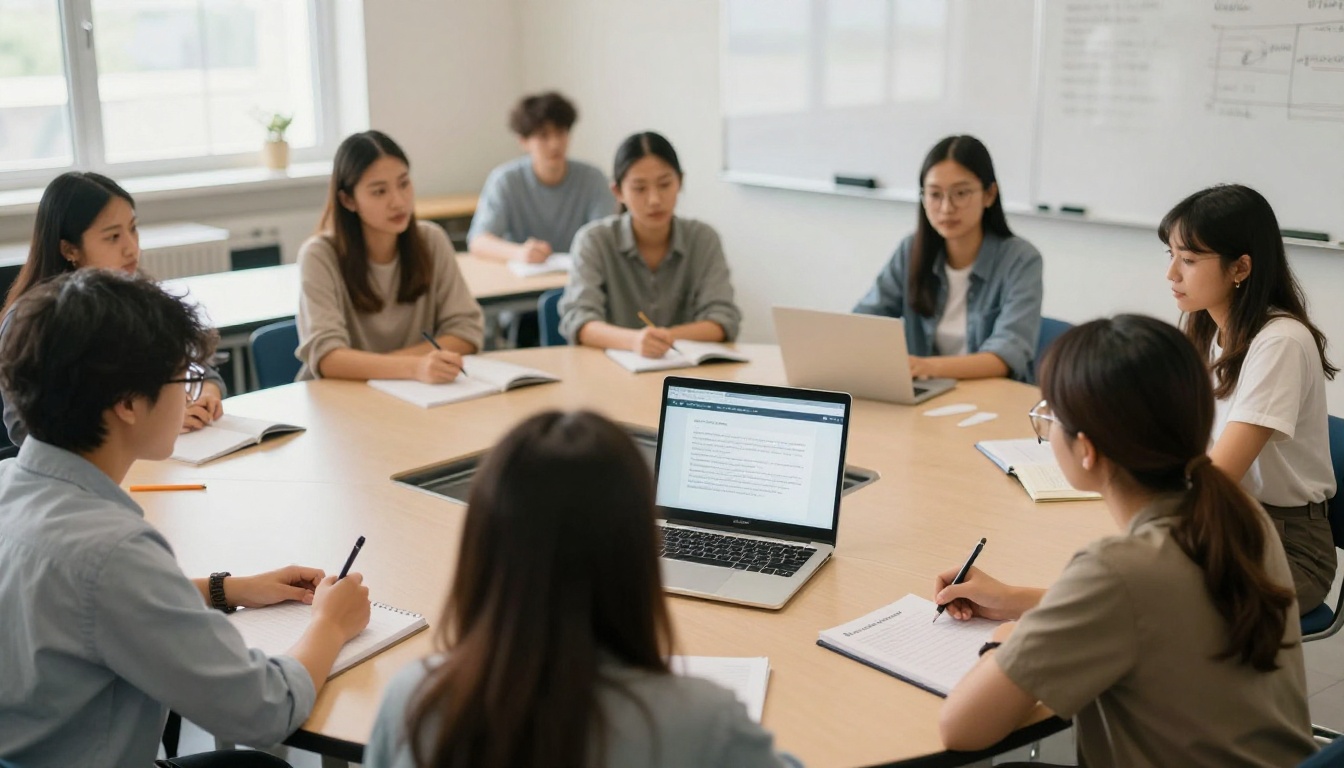 Teacher sharing an ebook course packet with adult students in a bright classroom Teacher sharing an ebook course packet with adult students in a bright classroom