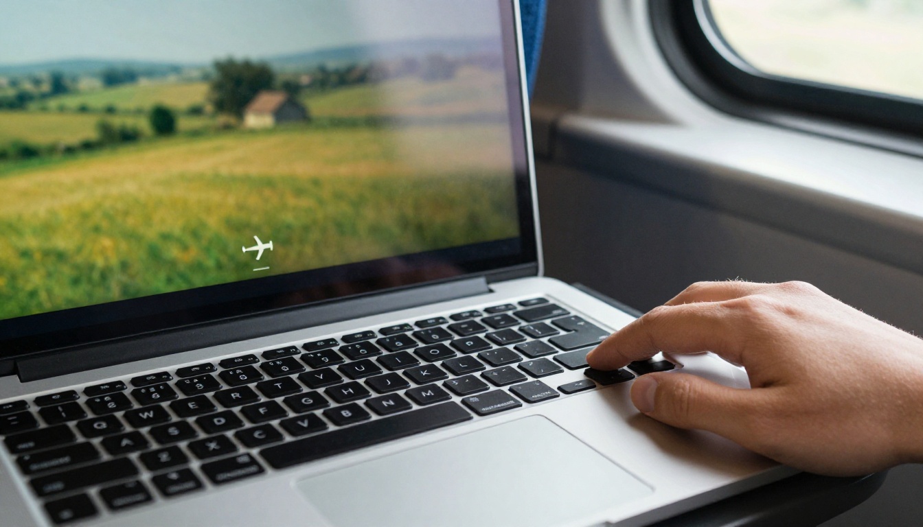 Close-up of a laptop in airplane mode showing a flipbook on a train table Close-up of a laptop in airplane mode showing a flipbook on a train table