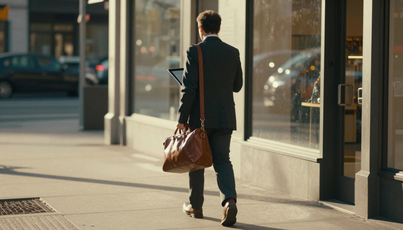Sales rep walking along a sunlit city street with a tablet and shoulder bag