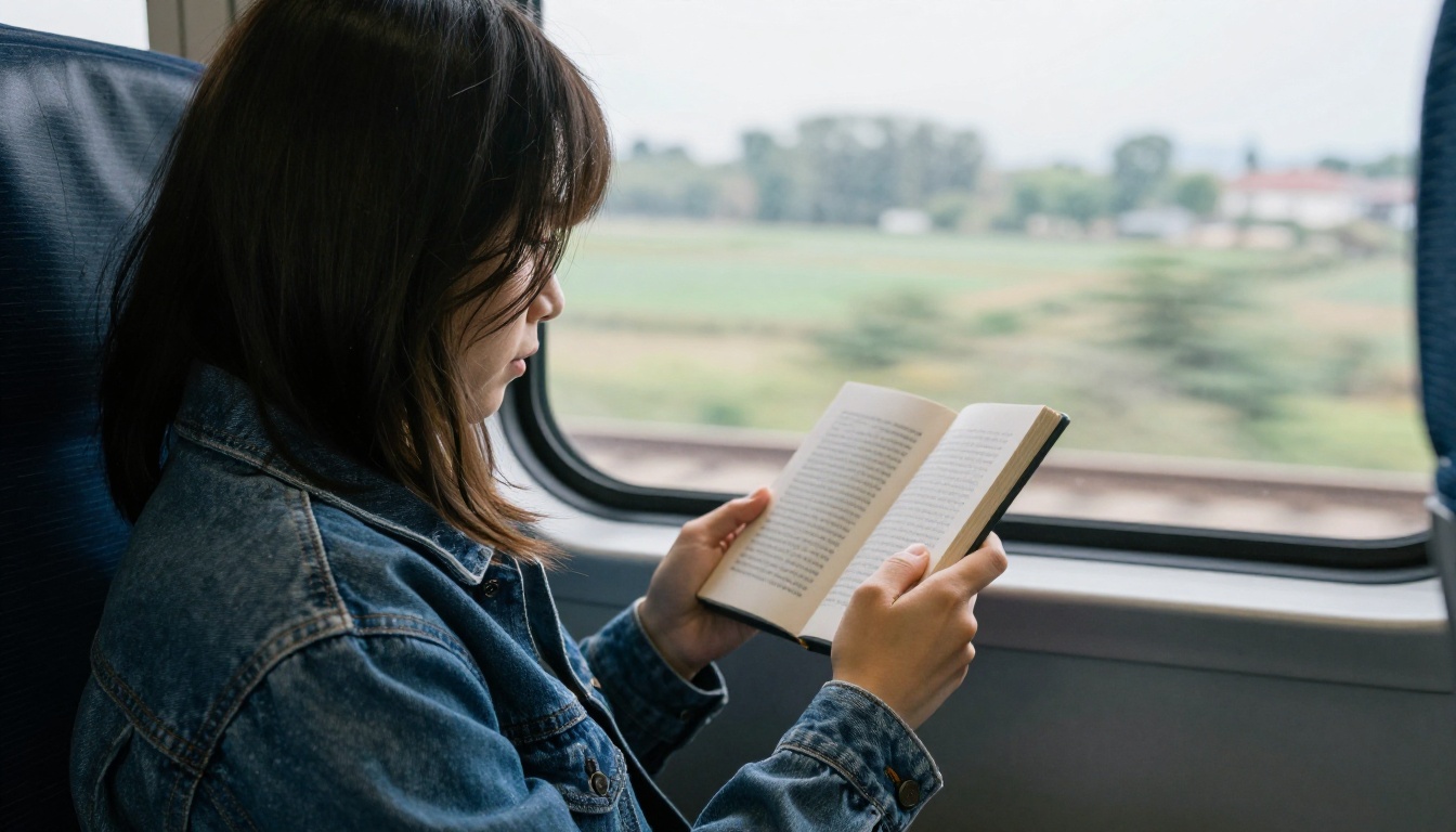 Reader on a train enjoying an ebook on a phone Reader on a train enjoying an ebook on a phone
