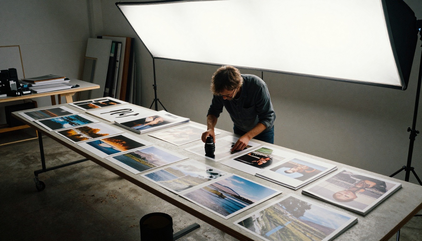 Photographer arranging prints into a magazine portfolio