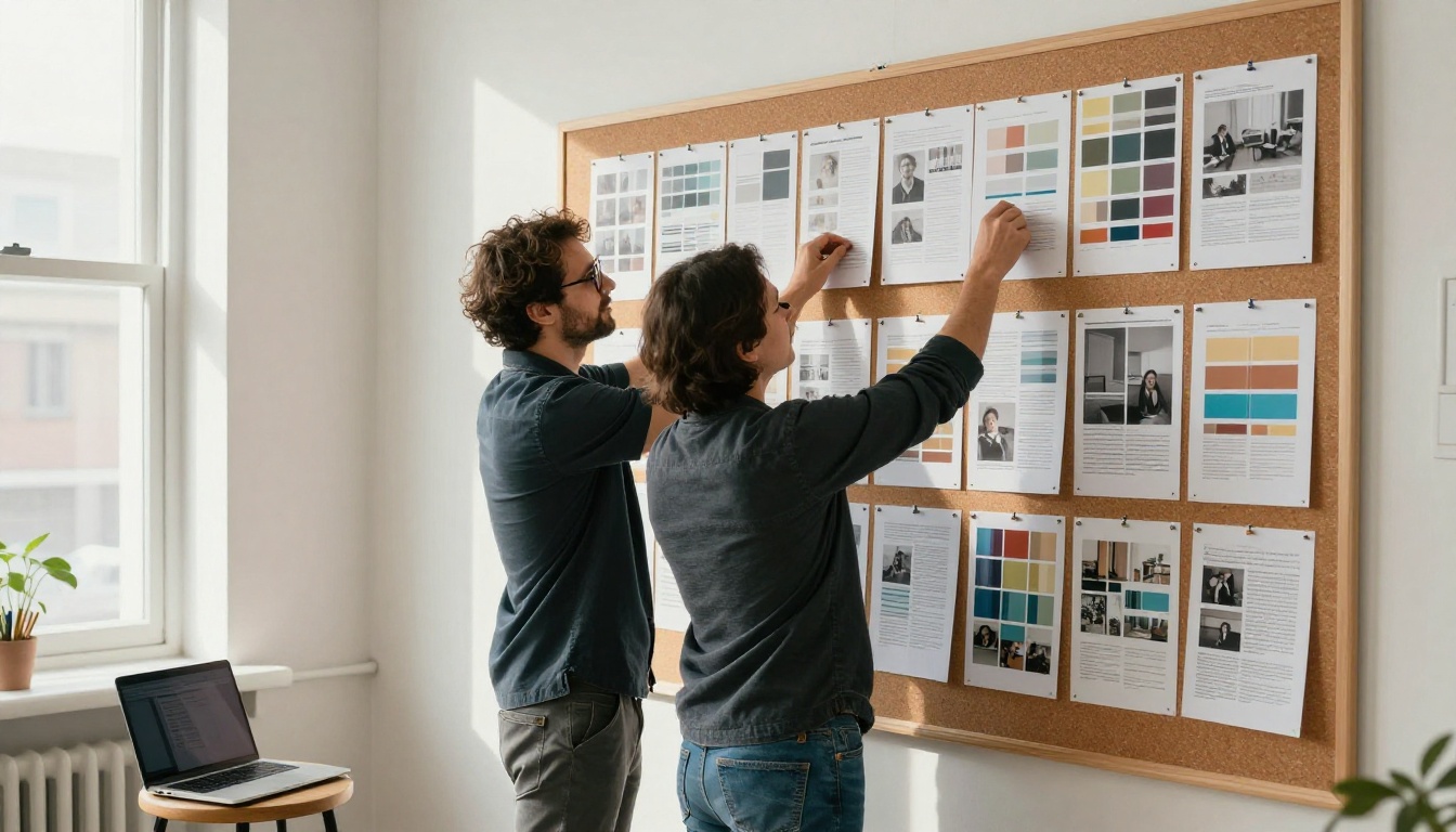 Creative director pinning ebook page proofs to a corkboard in a loft studio Creative director pinning ebook page proofs to a corkboard in a loft studio