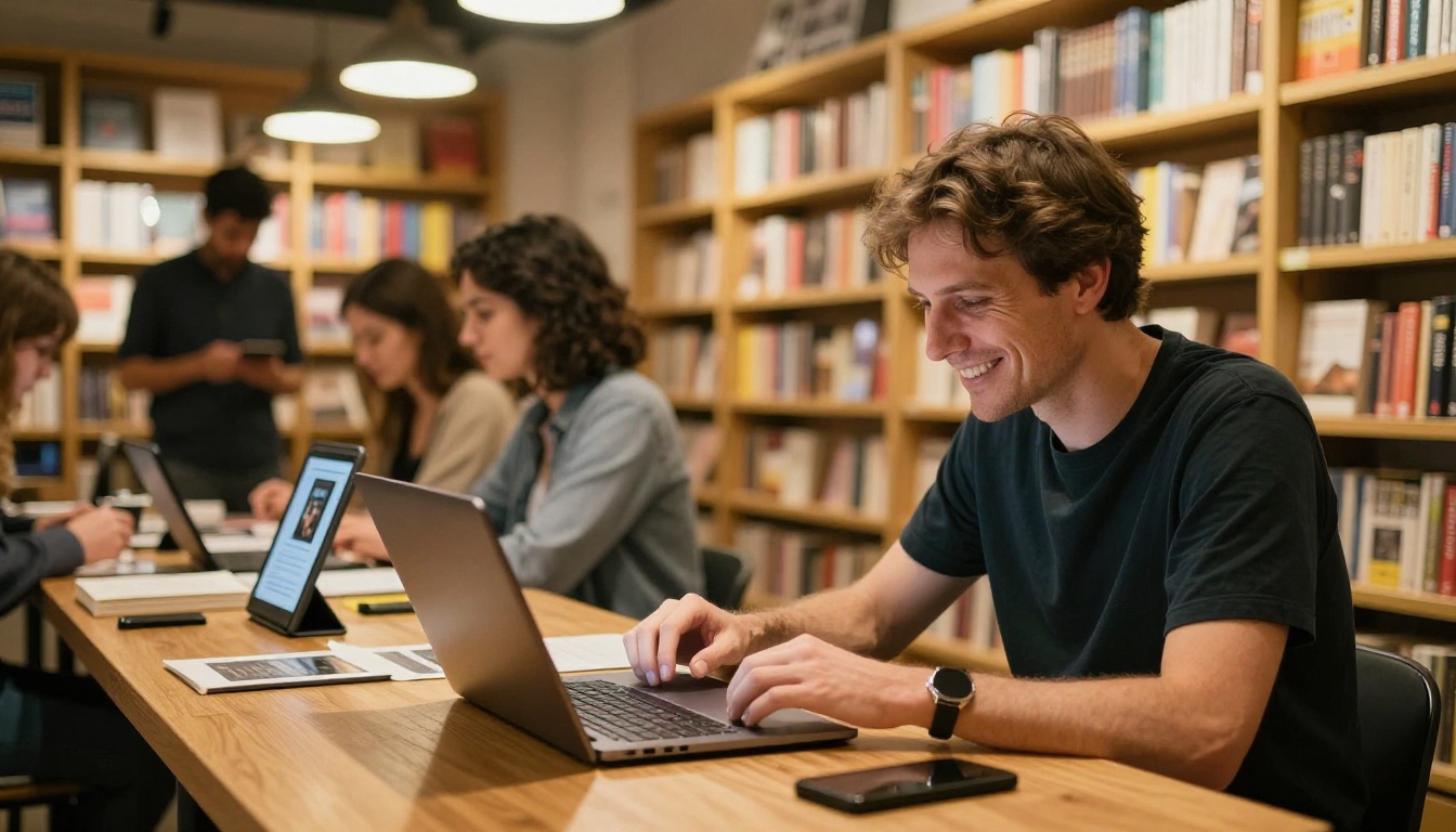 Author at a bookstore launch table with a laptop and tablet showing an ebook Author at a bookstore launch table with a laptop and tablet showing an ebook