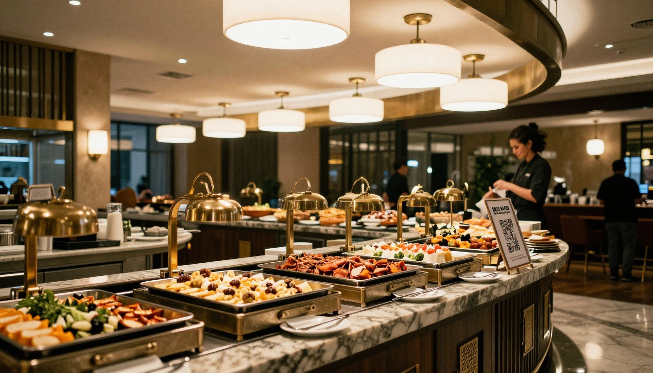 Hotel restaurant guest scanning a QR code on an elegant stand near a buffet Hotel restaurant guest scanning a QR code on an elegant stand near a buffet
