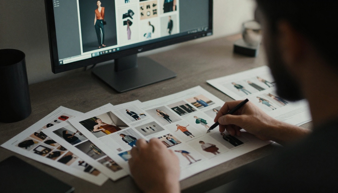 Designer arranging product photos on a multi-column catalog page Designer arranging product photos on a multi-column catalog page