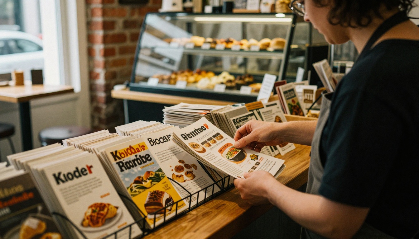 A cafe owner placing printed brochures into a display rack