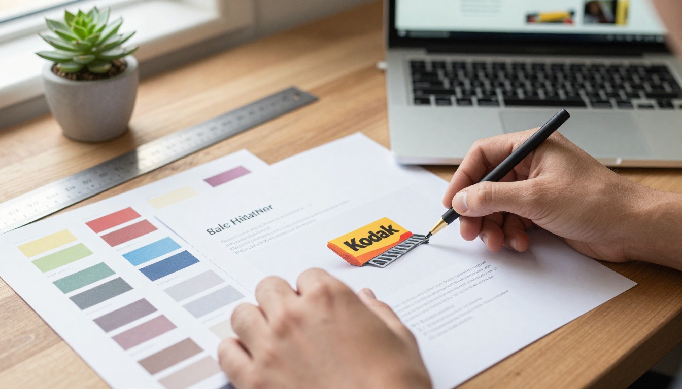 Designer placing a brand style sheet beside a laptop showing a branded catalog Designer placing a brand style sheet beside a laptop showing a branded catalog