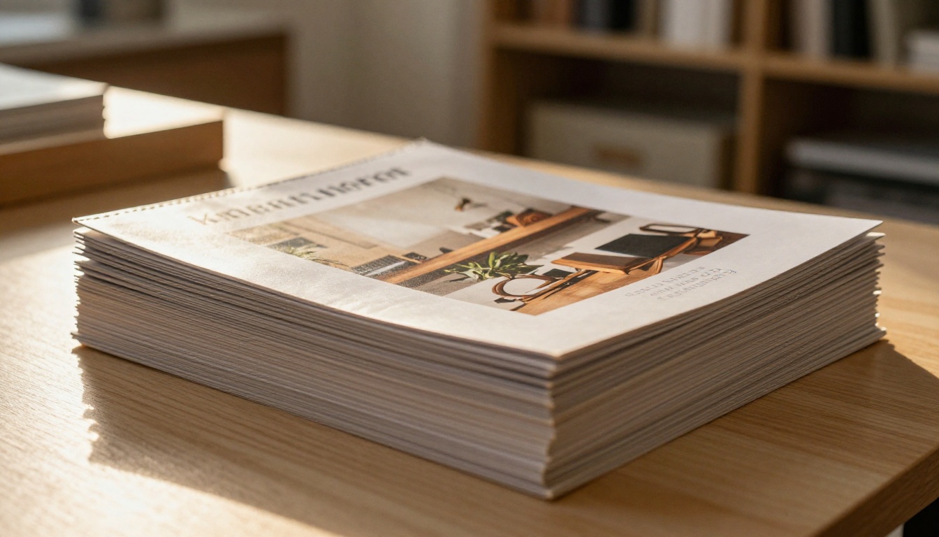 Stack of printed catalogs on an oak table Stack of printed catalogs on an oak table