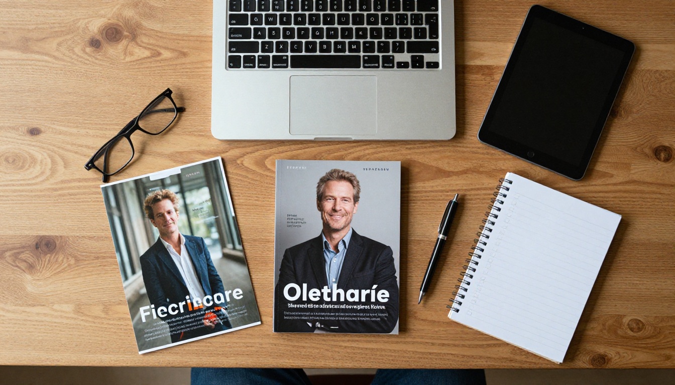 Overhead view of three printed brochures laid out for comparison next to a laptop and tablet