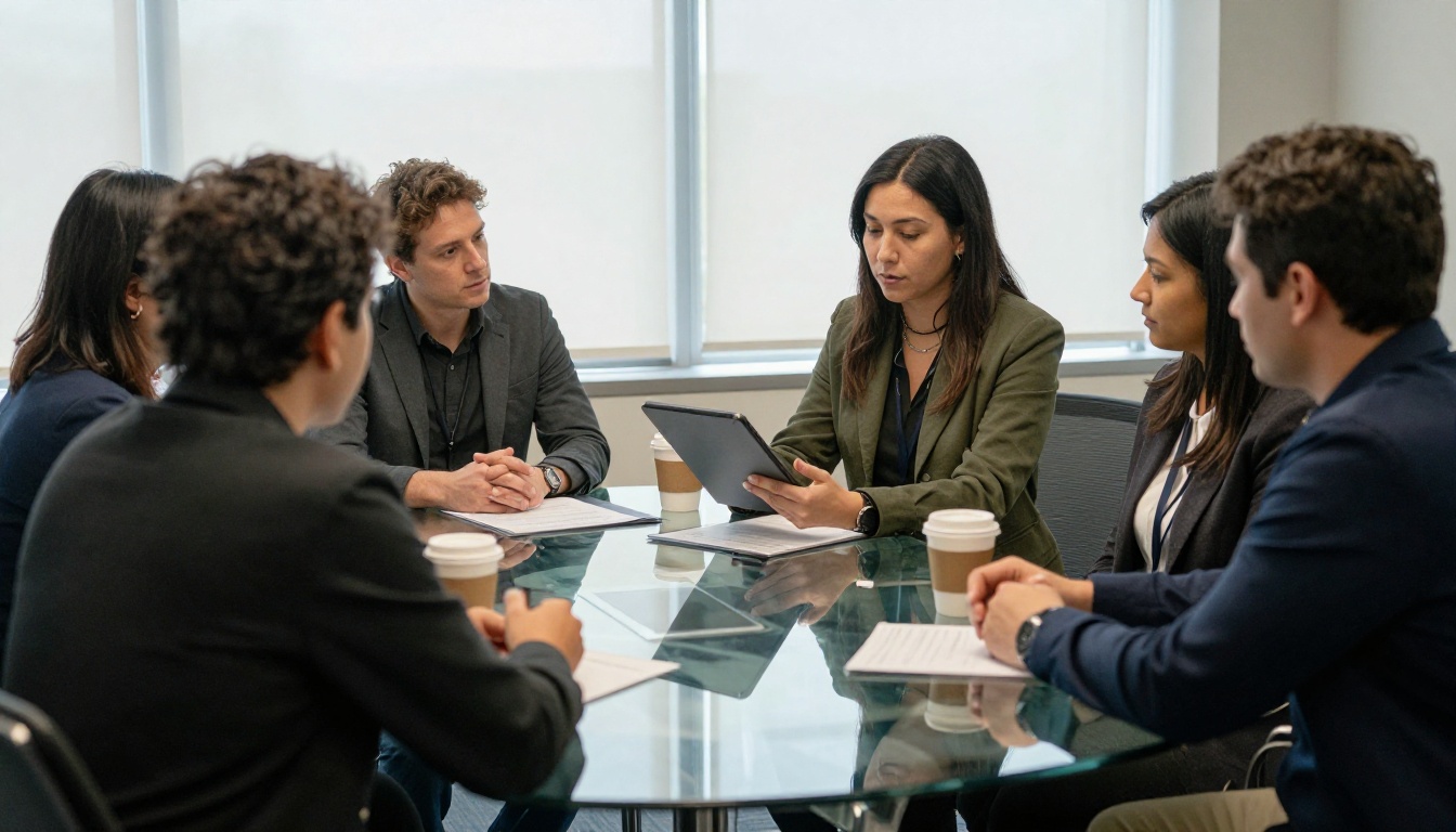 Small agency team presenting a tablet to two clients around a glass table Small agency team presenting a tablet to two clients around a glass table