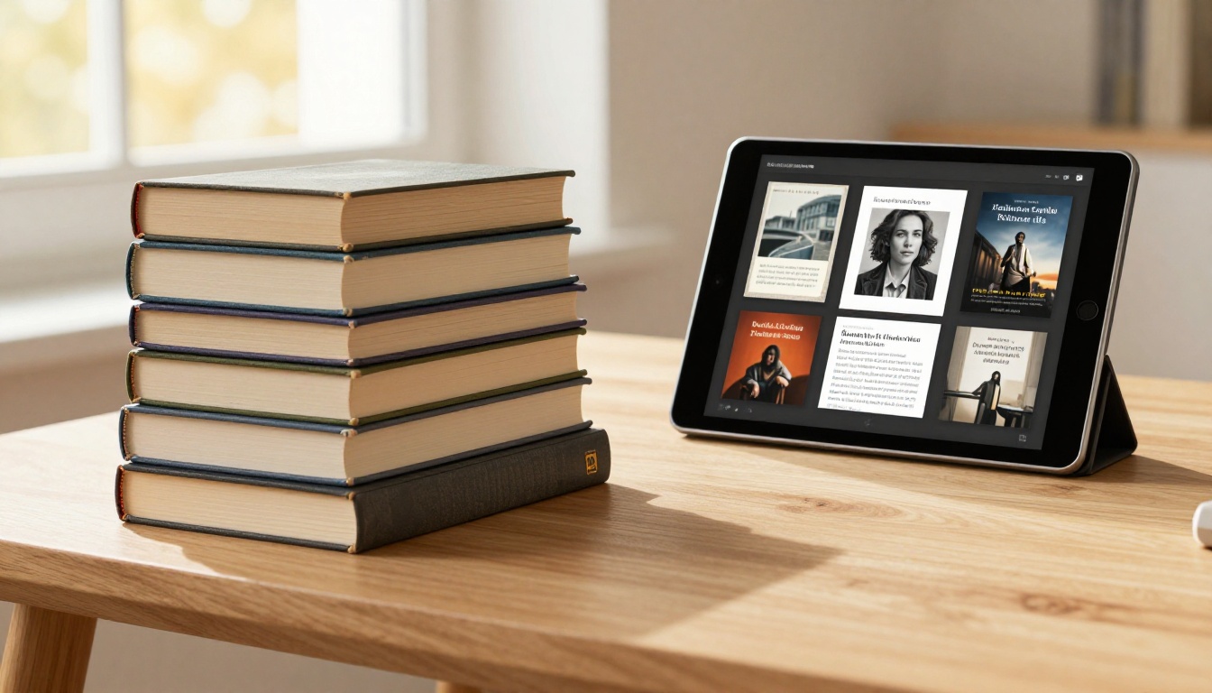 Close-up of ebook stack and tablet on a wooden table Close-up of ebook stack and tablet on a wooden table