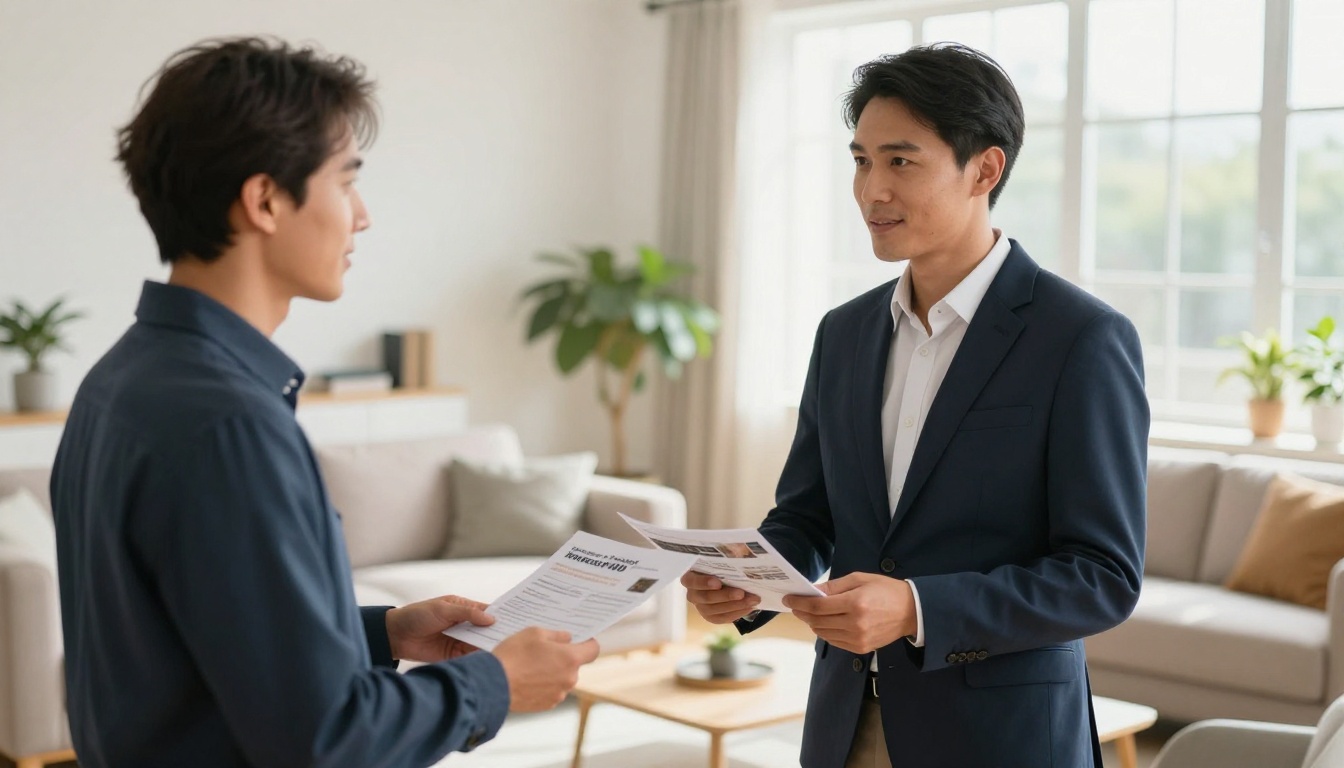 A real estate agent handing a property brochure to a couple in a bright living room
