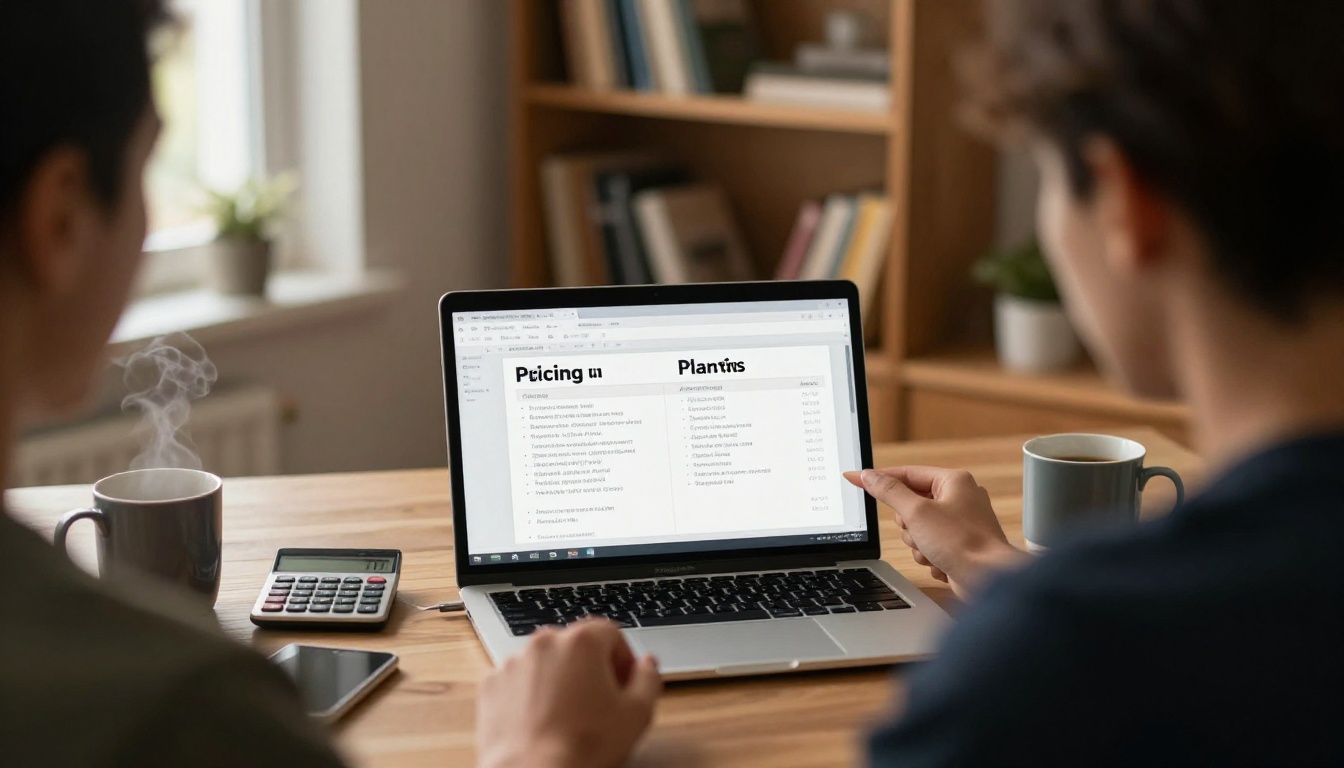 Freelancer comparing pricing plans on a laptop with a printed spreadsheet Freelancer comparing pricing plans on a laptop with a printed spreadsheet