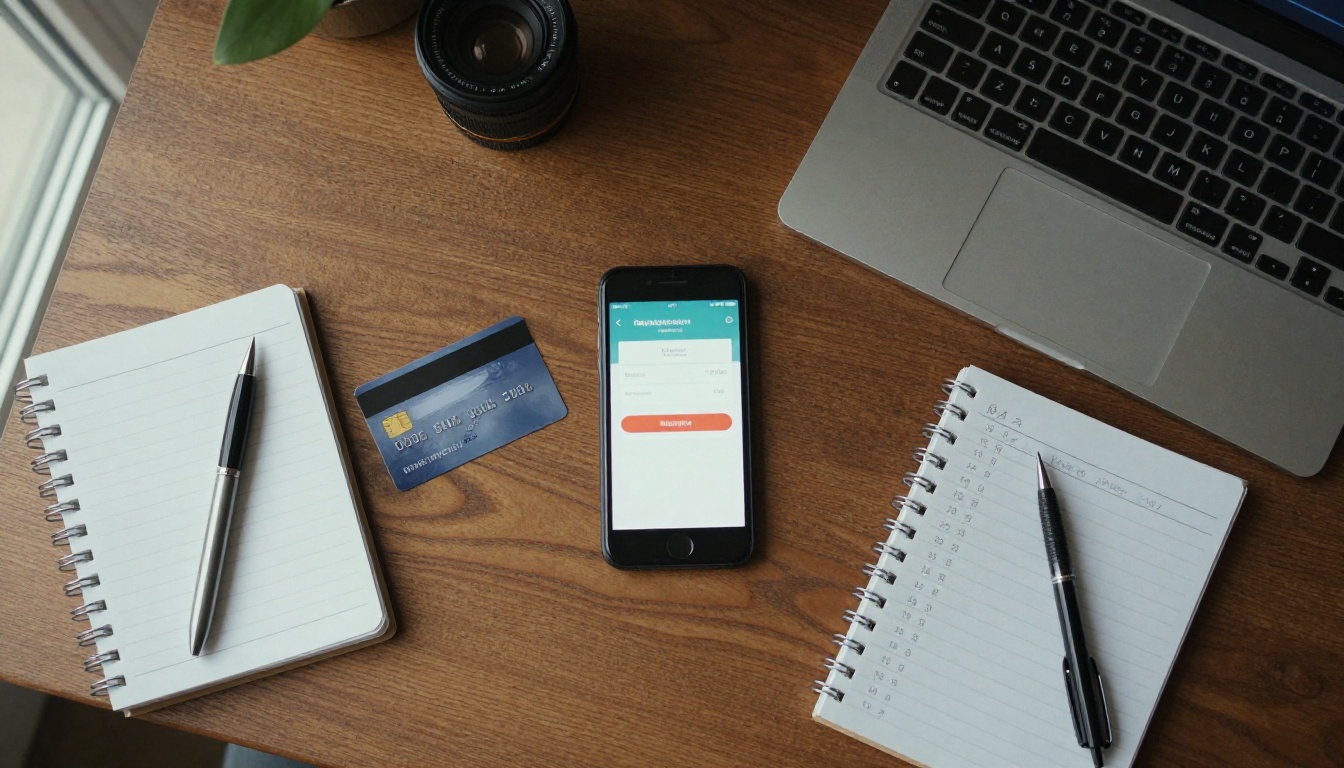 Top-down view of a phone showing payment confirmation on a desk Top-down view of a phone showing payment confirmation on a desk