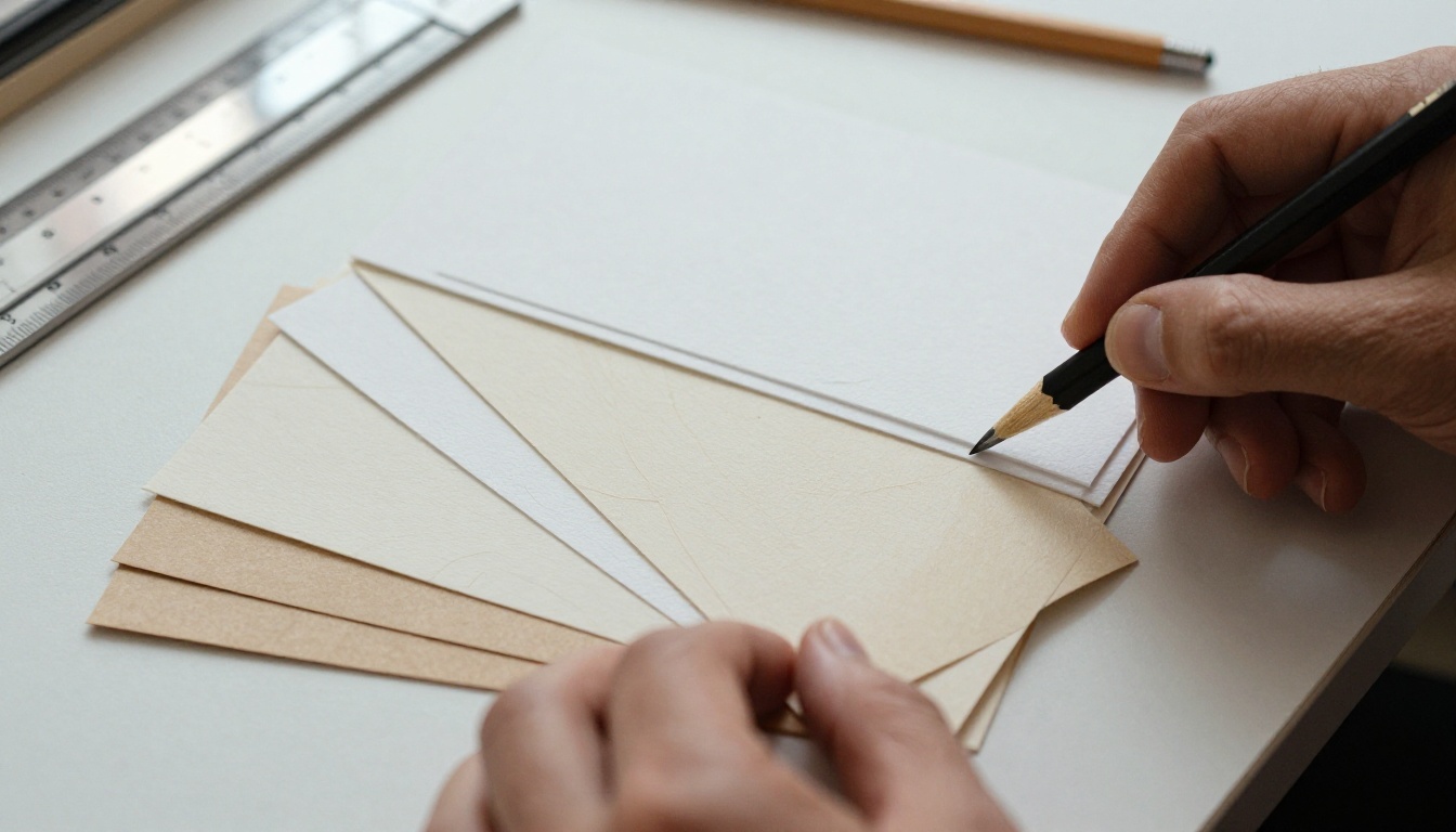 A designer choosing paper stock samples at a studio table