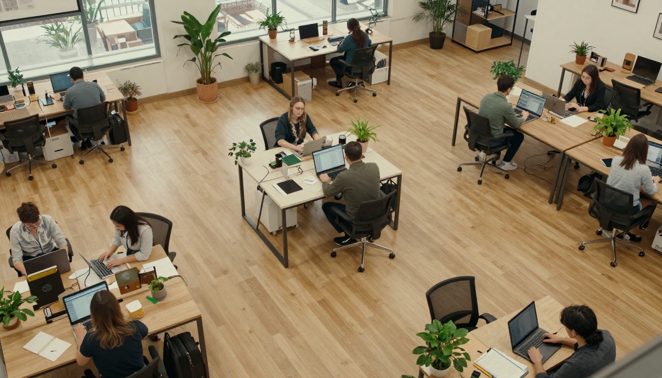 Aerial view of a bright coworking office with desks and small groups working Aerial view of a bright coworking office with desks and small groups working