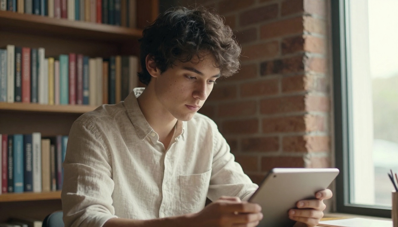 Man in linen shirt reading on a tablet in a loft Man in linen shirt reading on a tablet in a loft
