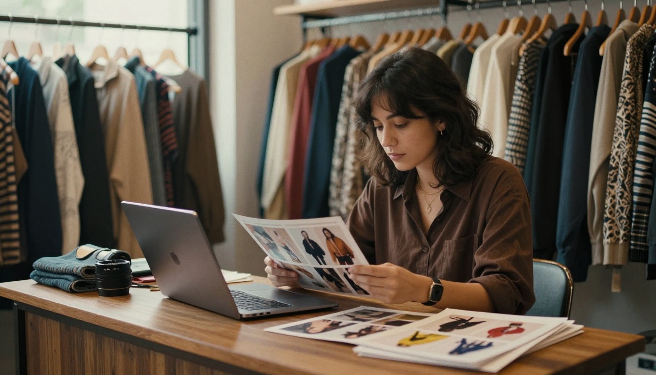 Small business owner reviewing a fashion catalog on a laptop Small business owner reviewing a fashion catalog on a laptop
