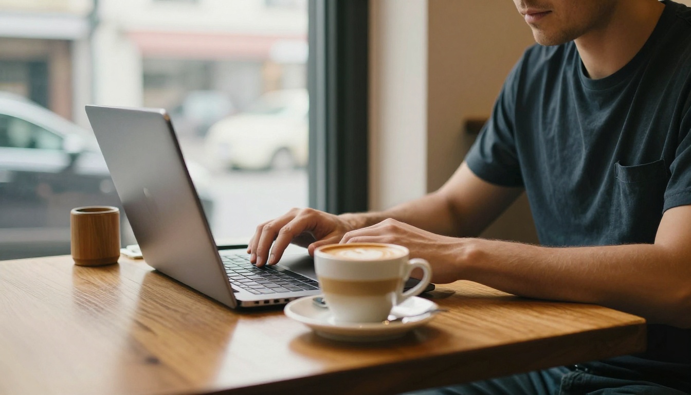 A small business owner typing at a cafe table A small business owner typing at a cafe table