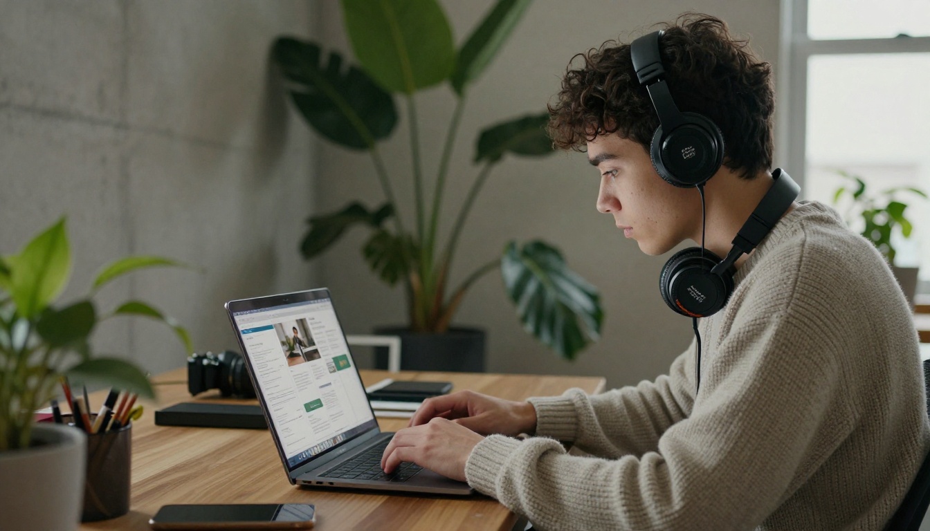 A freelance photographer reviewing a brochure layout in a coworking space
