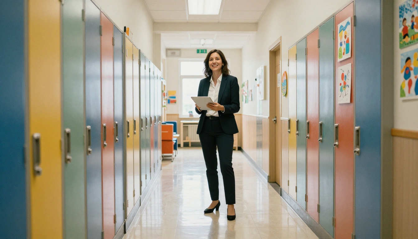 School principal in a hallway holding a tablet with a newsletter