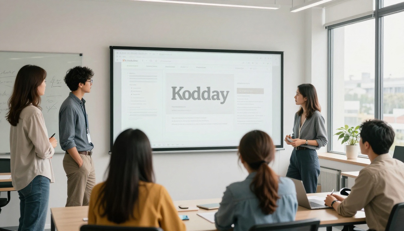 Marketing team reviewing a brand catalog on a large monitor Marketing team reviewing a brand catalog on a large monitor