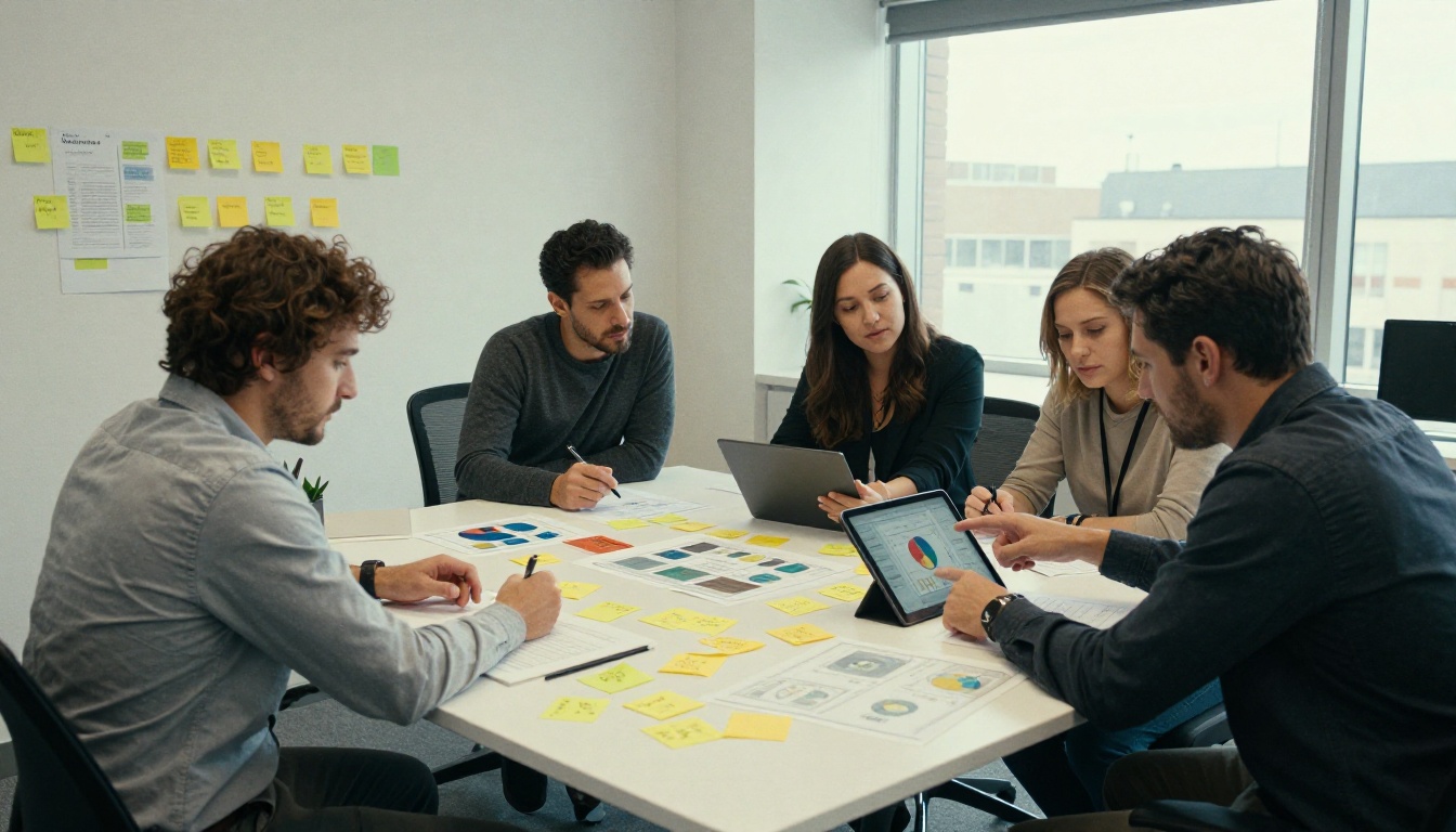 A creative team reviewing newsletter drafts together A creative team reviewing newsletter drafts together