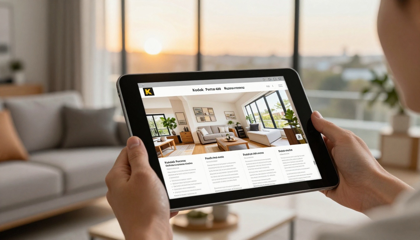 Real estate agent holding a tablet showing a property brochure in a staged living room Real estate agent holding a tablet showing a property brochure in a staged living room