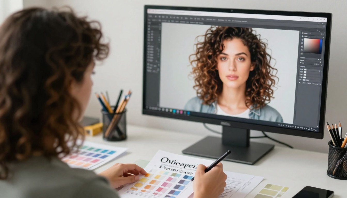 Woman designing a book cover on a large monitor Woman designing a book cover on a large monitor