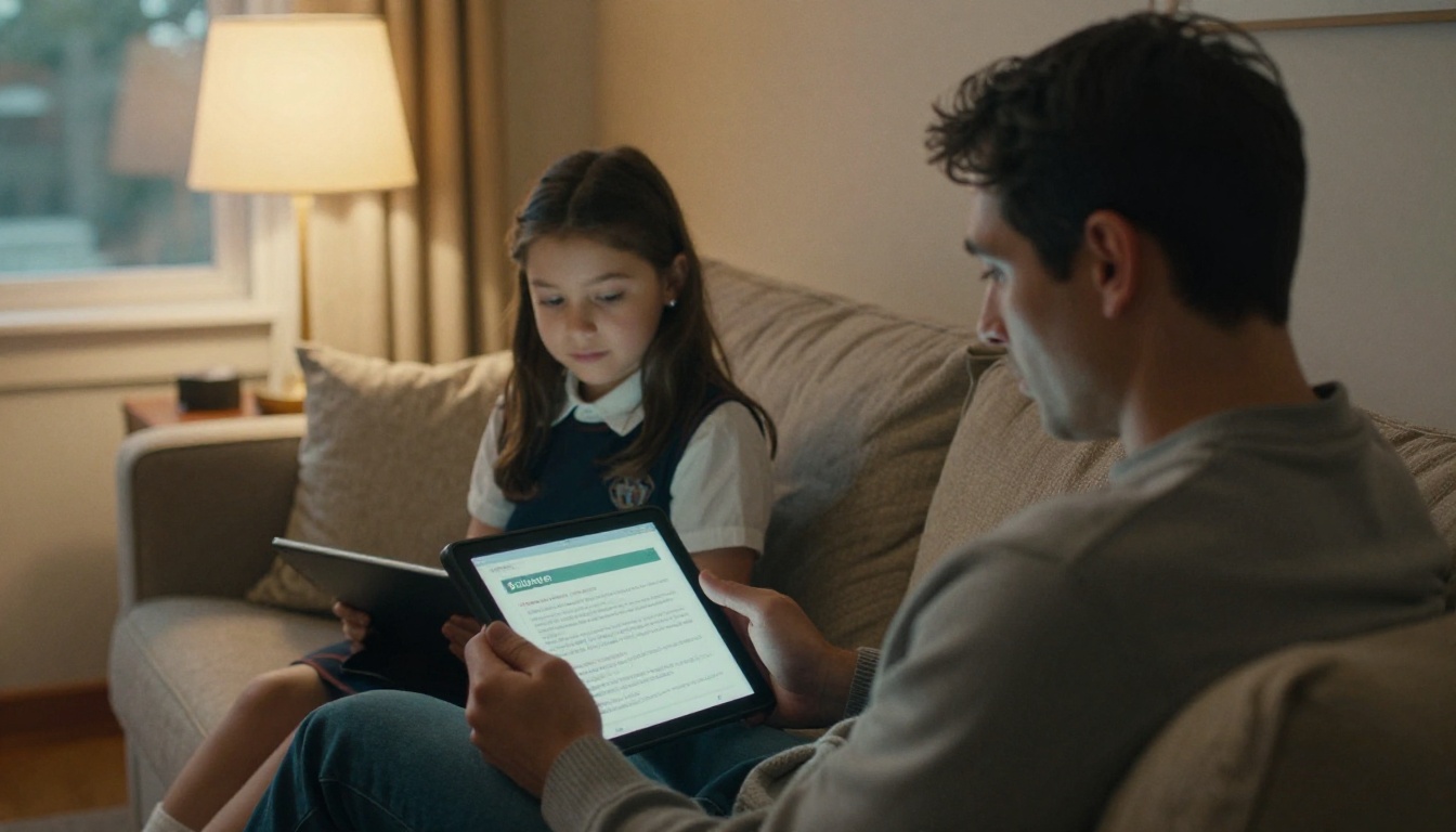 Father reading a school update on a tablet with his daughter