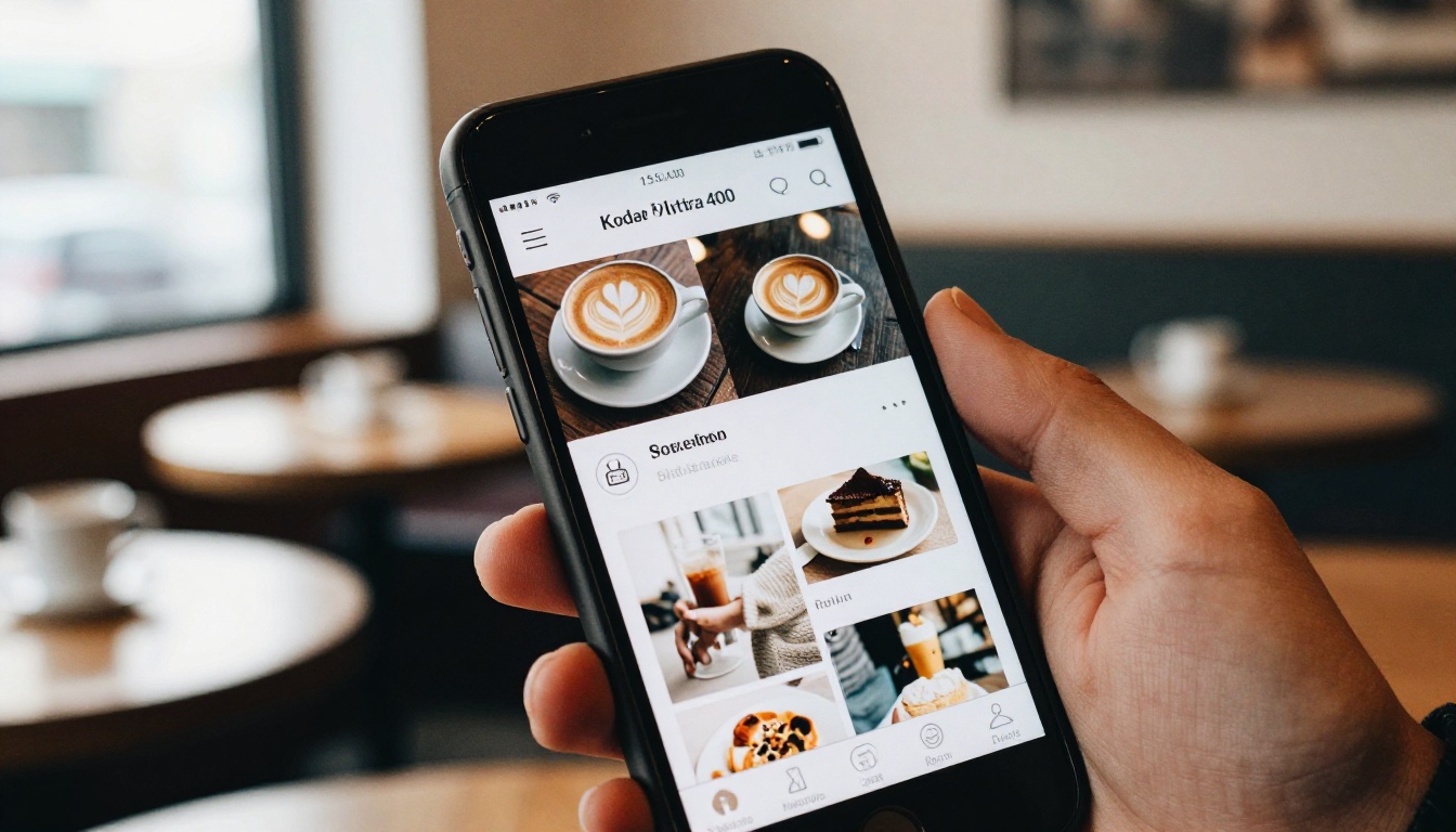 Person browsing a digital catalog on a smartphone in a cafe Person browsing a digital catalog on a smartphone in a cafe