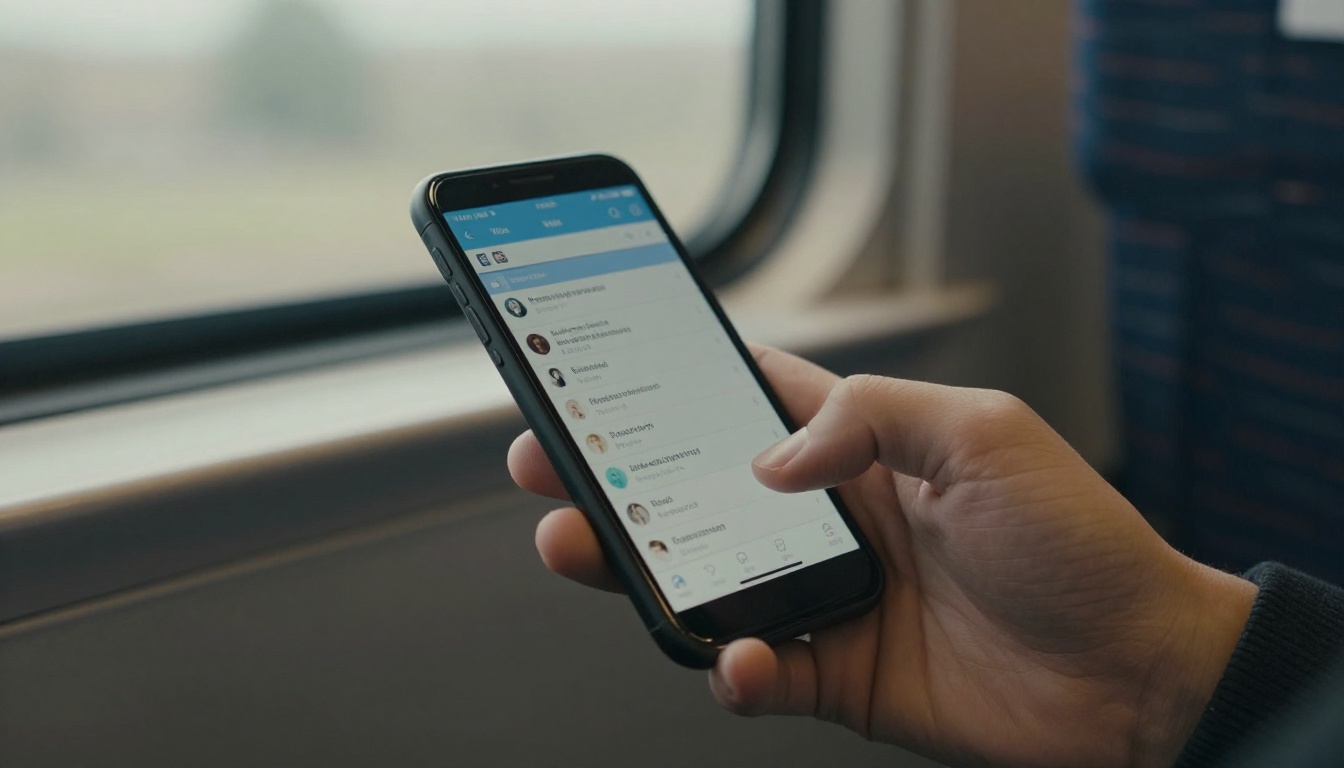 A phone showing an email inbox on a commuter train A phone showing an email inbox on a commuter train