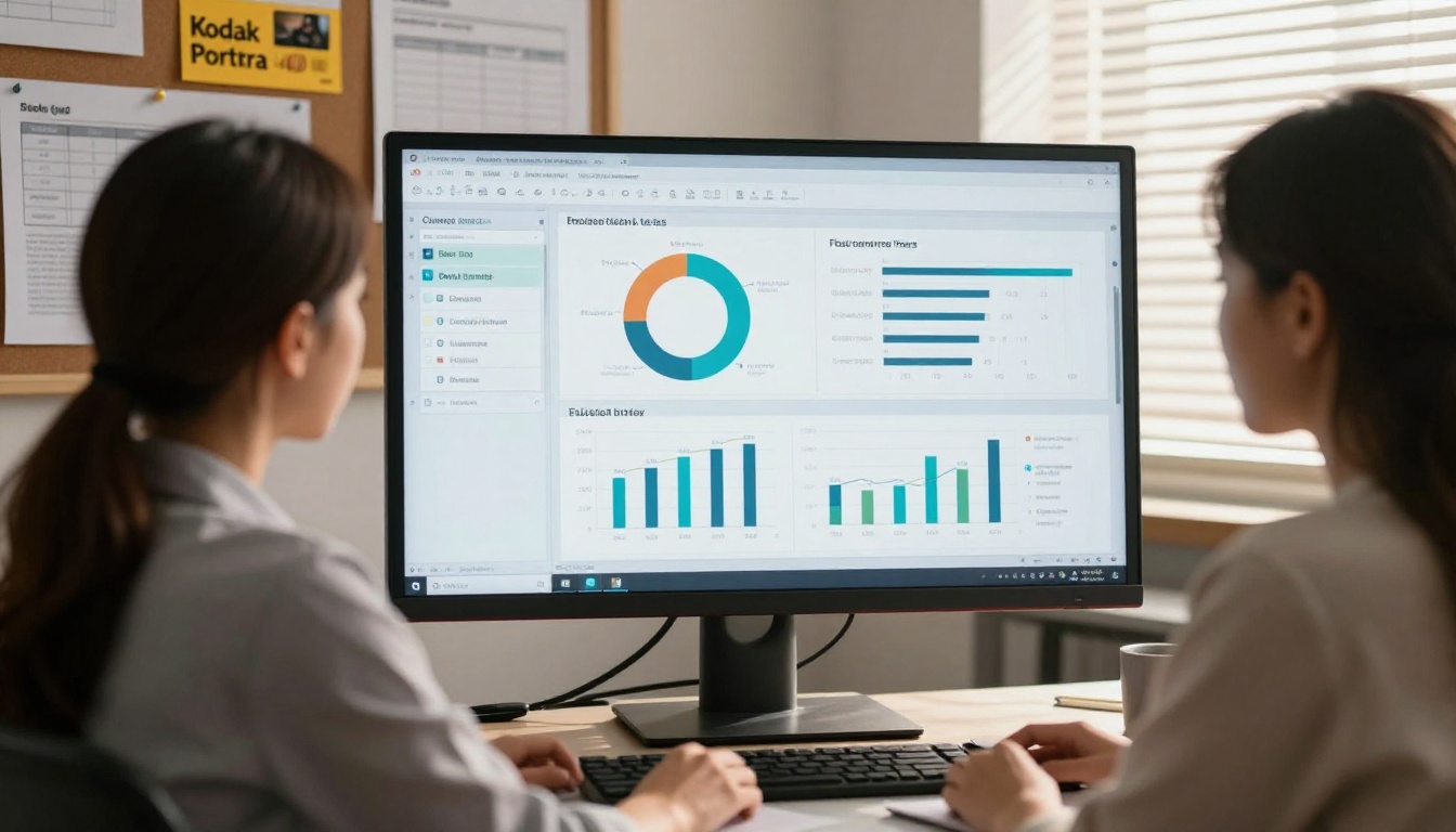 Woman reviewing client analytics on a large monitor in a quiet office Woman reviewing client analytics on a large monitor in a quiet office