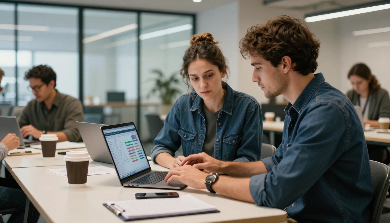 Two entrepreneurs reviewing a sales dashboard at a coworking table Two entrepreneurs reviewing a sales dashboard at a coworking table