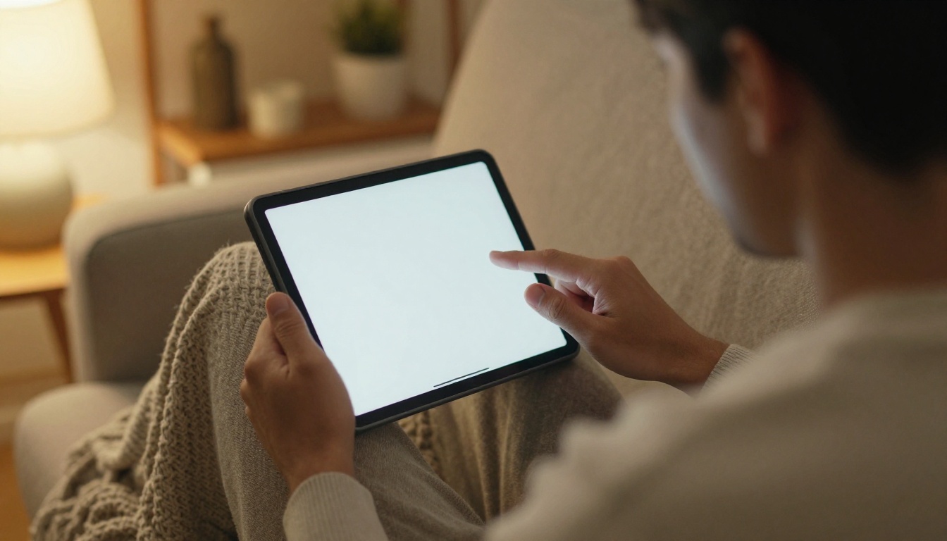 A man viewing a digital flipbook on a tablet at home