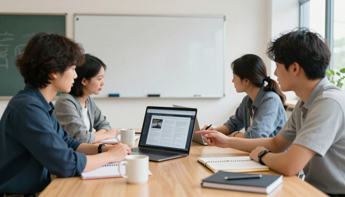 Staff meeting around a table reviewing a newsletter layout