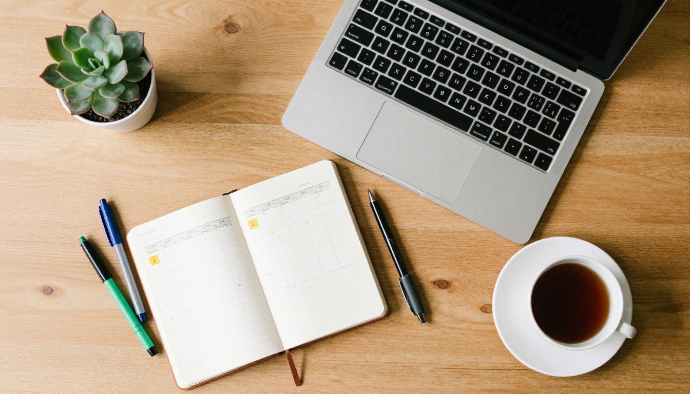 A tidy desk with a content calendar and laptop A tidy desk with a content calendar and laptop