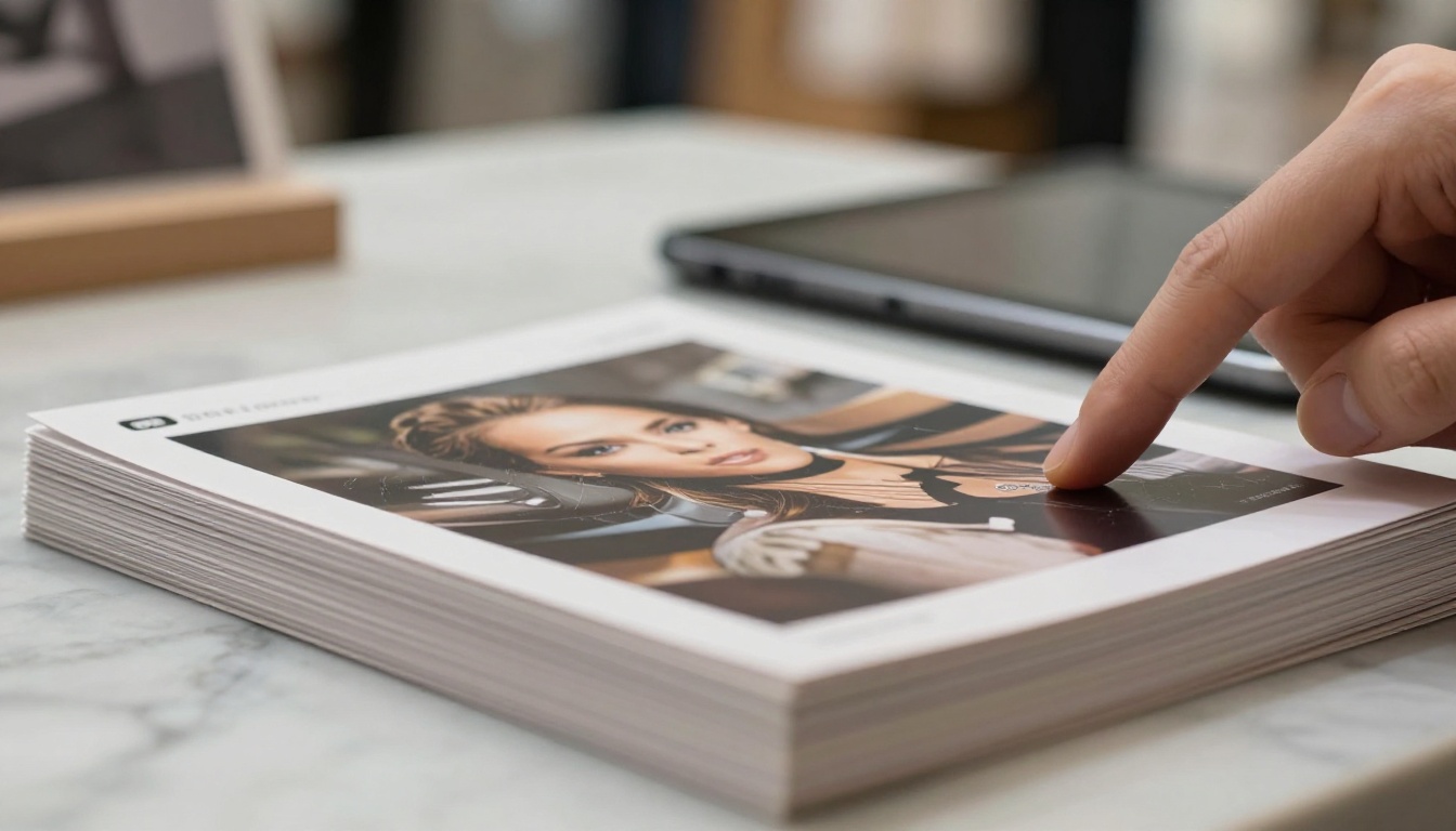 Hand turning a printed catalog page next to a tablet on a marble countertop Hand turning a printed catalog page next to a tablet on a marble countertop