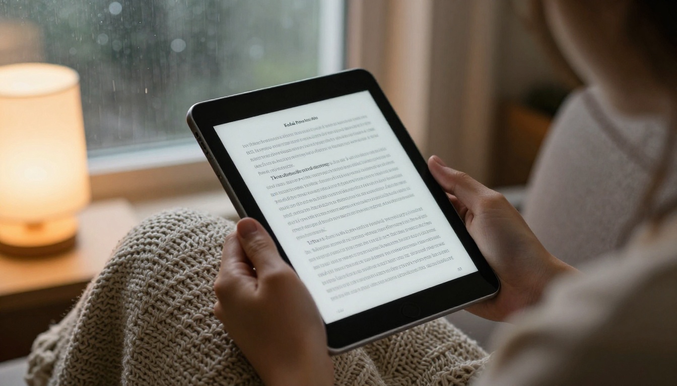 Reader holding a tablet with an ebook page in an armchair Reader holding a tablet with an ebook page in an armchair